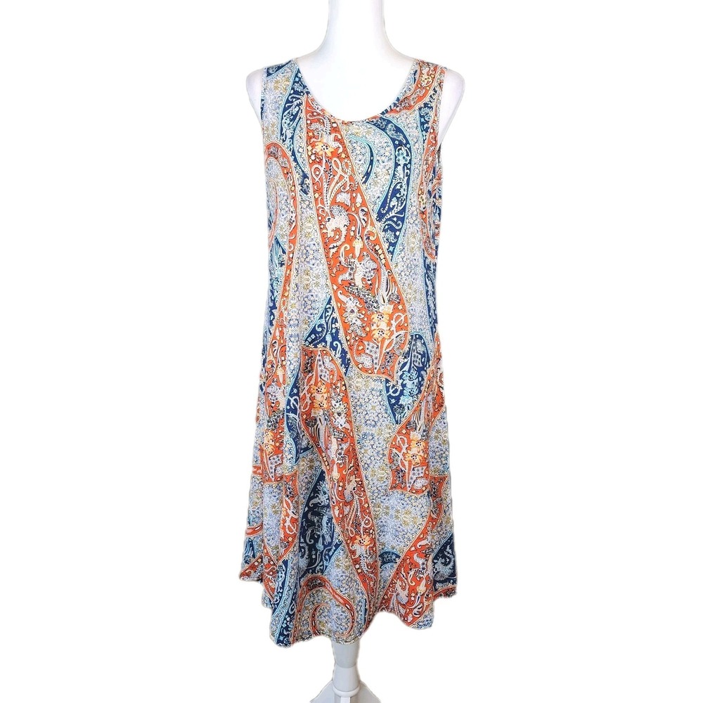 World Unity Midi Dress Womens Medium Blue Orange Lace Back Stretch Boho Festival